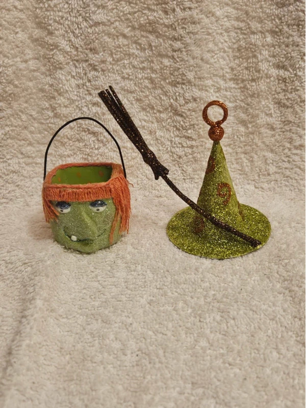 Vintage Halloween Witch Face Bucket Glitter Hat Broom Mini Decor 3" Spooky